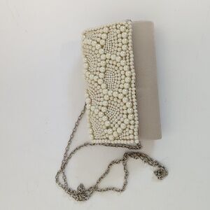Pearl Beaded Flap Chain Strap Clutch + Crossbody Purse Ivory/Cream evening